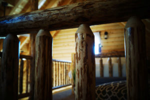 loft bedroom through log spindles